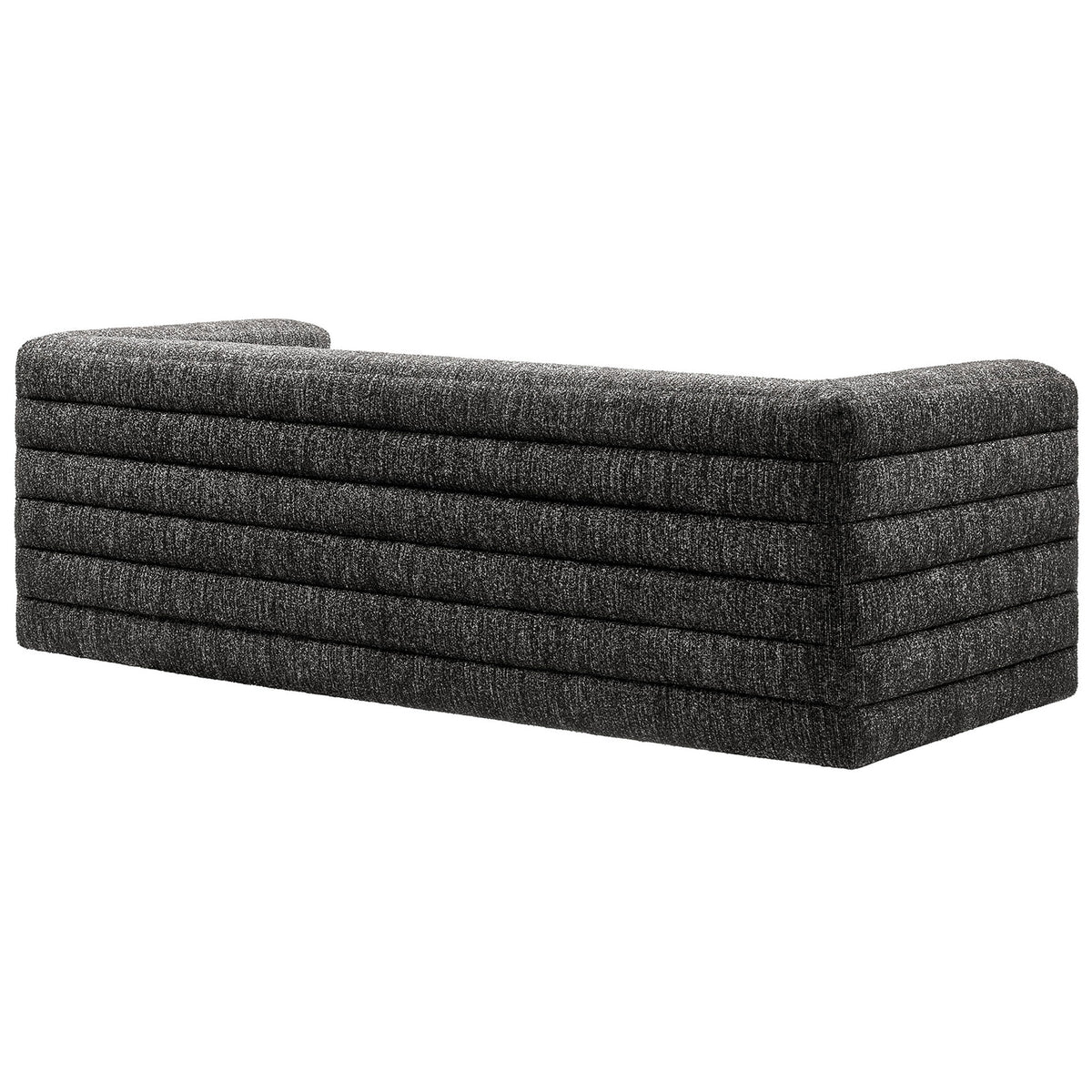 Relle sofa features continuous channel tufting and smooth rounded corners in deep charcoal boucle upholstery || EEI-7136-CHA || back_angle_studio
