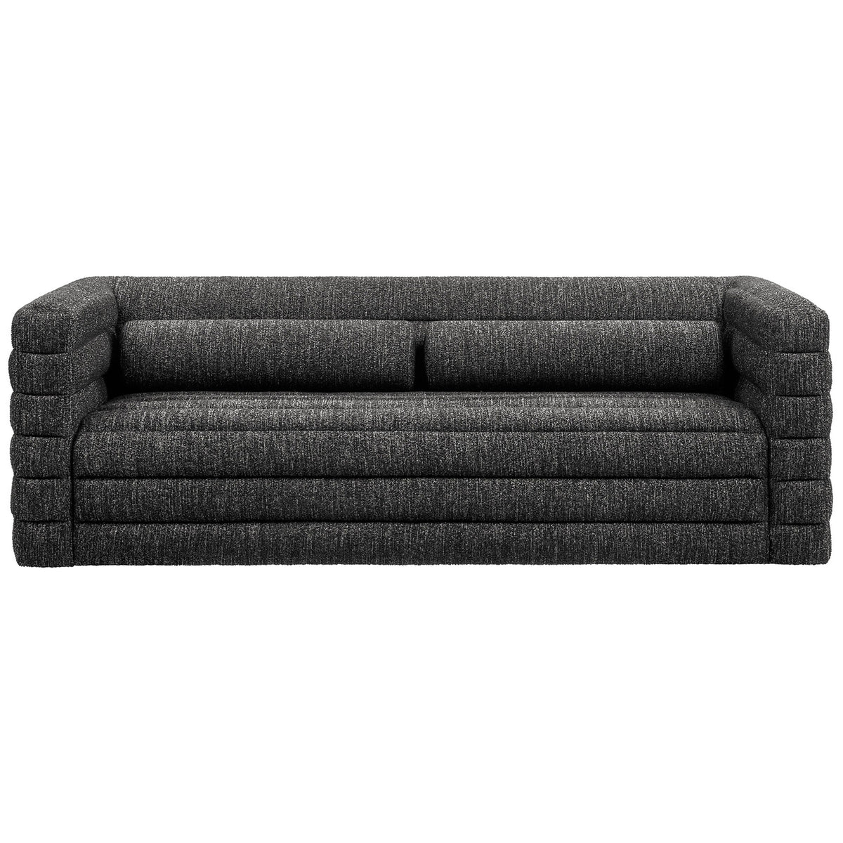 Charcoal boucle sofa with plush channel tufting and matching bolster pillows for modern lounge comfort || EEI-7136-CHA || front_studio