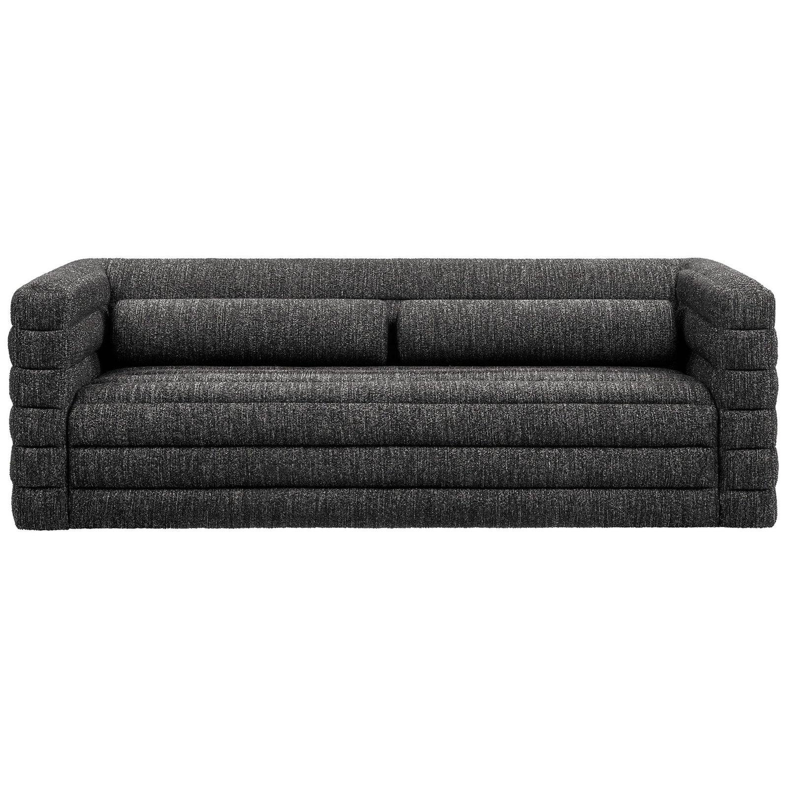 Charcoal boucle sofa with plush channel tufting and matching bolster pillows for modern lounge comfort || EEI-7136-CHA || front_studio