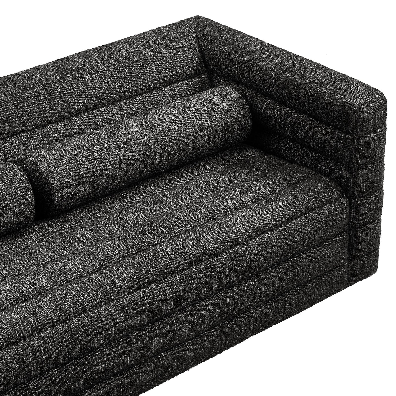 Charcoal boucle upholstery with channel tufting and smooth bolster pillow for a cozy textured Relle sofa seat || EEI-7136-CHA || detail_studio