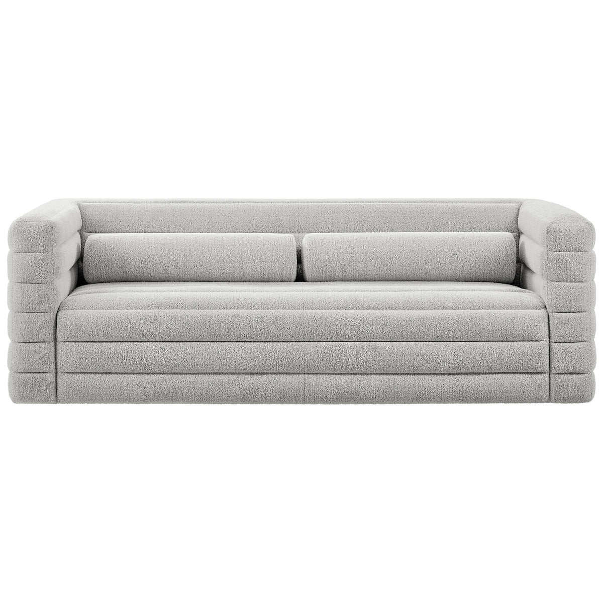 Relle boucle sofa with all-over horizontal channel tufting and two matching bolster pillows in light gray upholstery || EEI-7136-NPT || front_studio