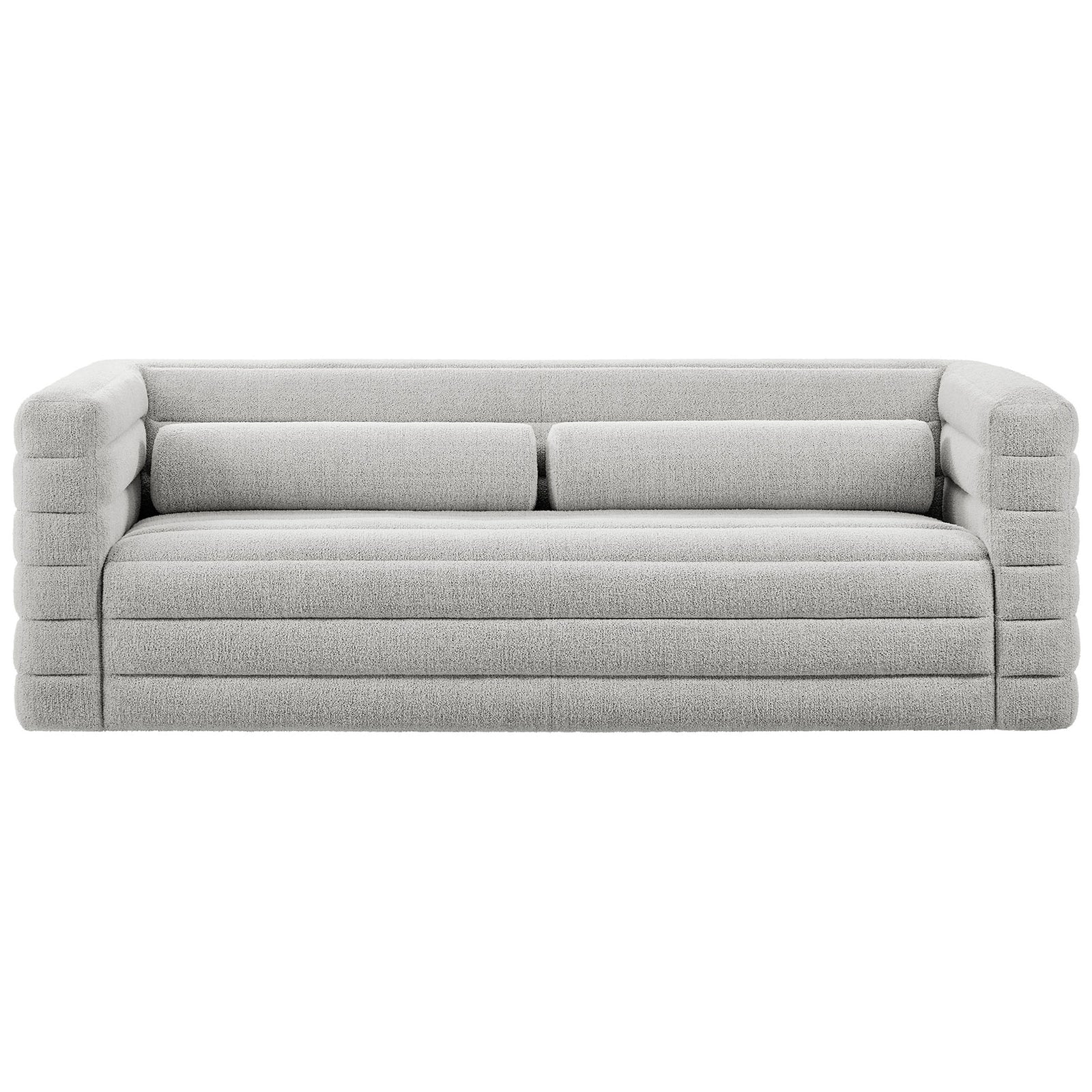 Relle boucle sofa with all-over horizontal channel tufting and two matching bolster pillows in light gray upholstery || EEI-7136-NPT || front_studio