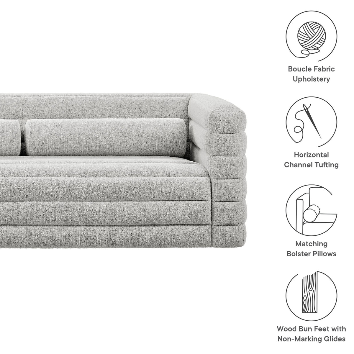 Relle boucle sofa with overlay icons highlighting boucle upholstery, channel tufting, bolster pillows, and wood bun feet || EEI-7136-NPT || callout_studio