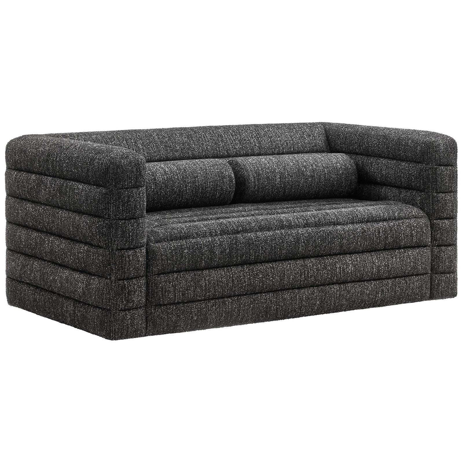 Modern two seat loveseat in textured charcoal boucle with tailored channel layers || EEI-7137-CHA || front_angle_studio