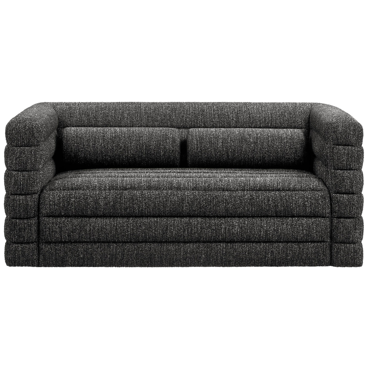 Charcoal boucle loveseat with deep channel tufting and plush bolster cushions || EEI-7137-CHA || front_studio