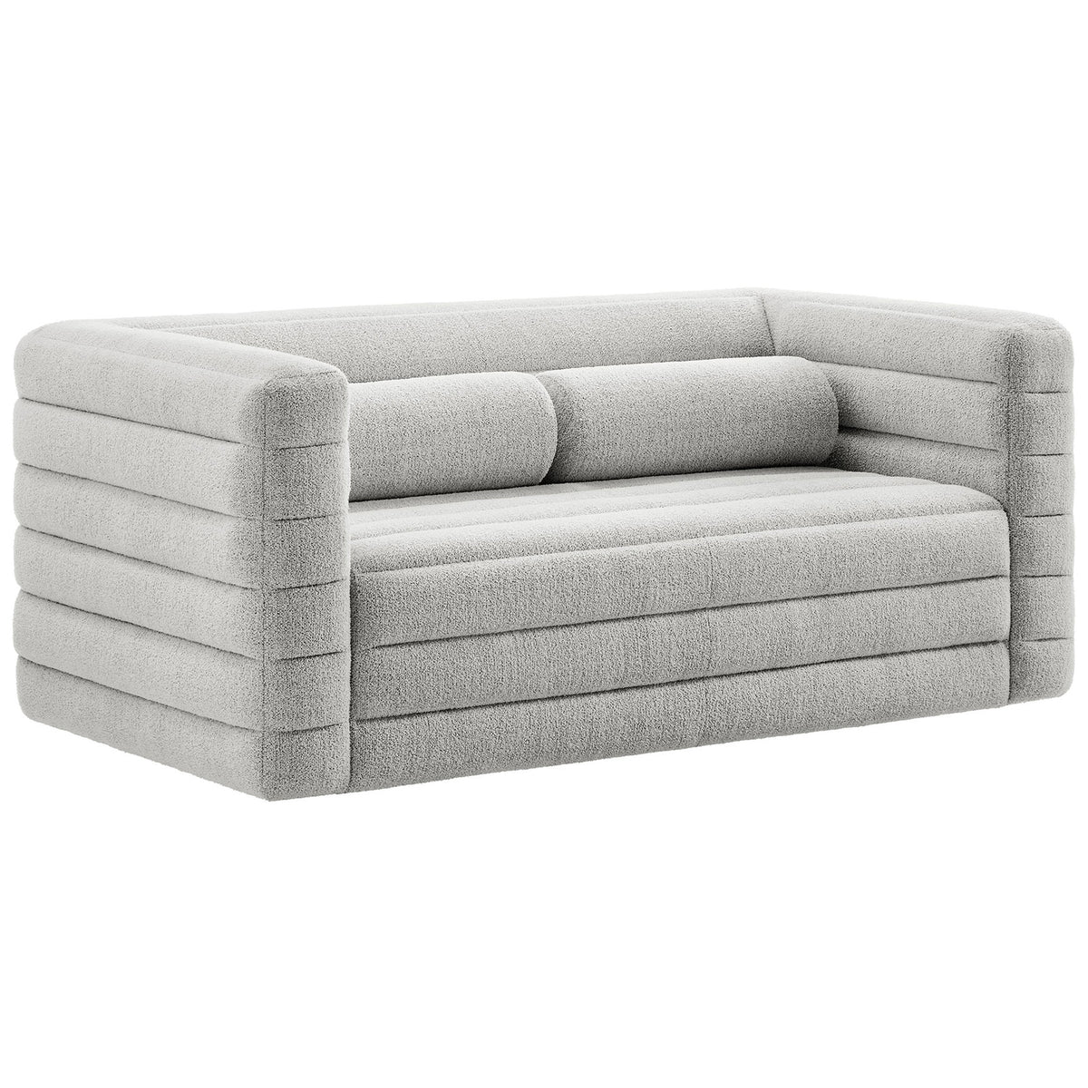 Channel-tufted Relle loveseat wrapped in textured boucle, featuring low track arms and two cylindrical bolsters. || EEI-7137-NPT || front_angle_studio