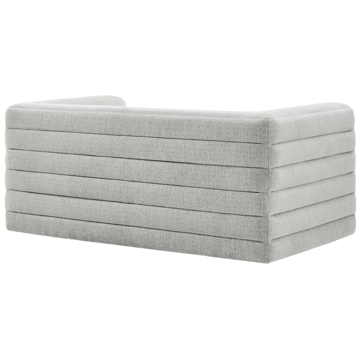 Relle loveseat with wraparound channel-tufted back and arms in soft newsprint boucle upholstery. || EEI-7137-NPT || back_angle_studio