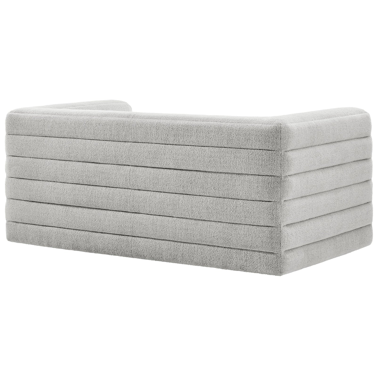 Relle loveseat with wraparound channel-tufted back and arms in soft newsprint boucle upholstery. || EEI-7137-NPT || back_angle_studio
