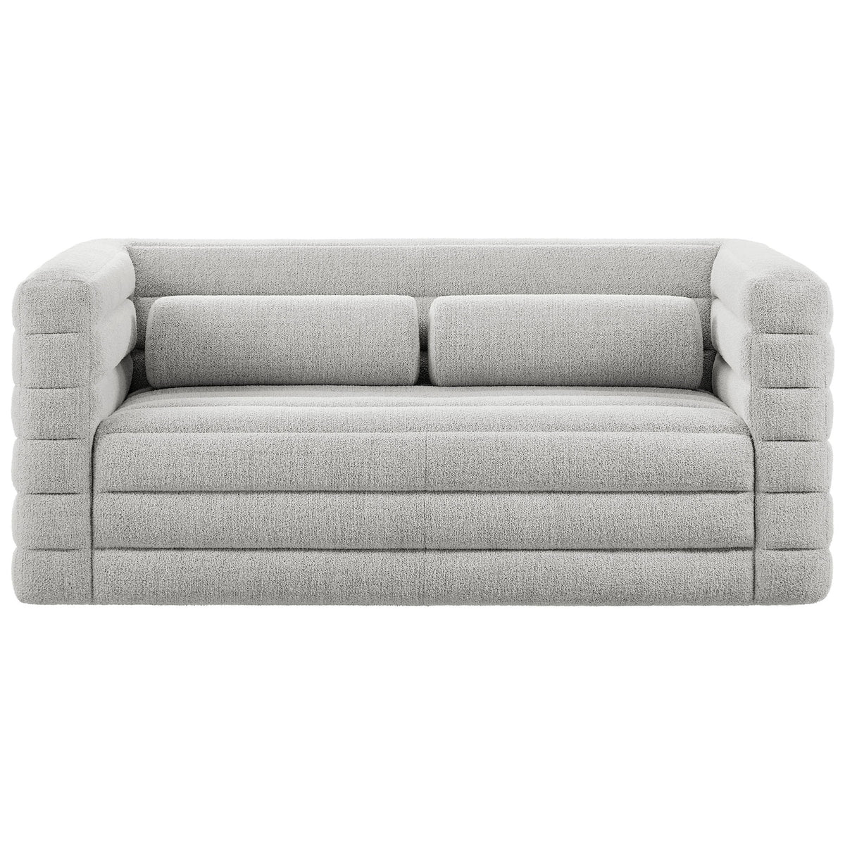Relle loveseat in soft newsprint boucle with full channel tufting and matching bolster pillows for modern comfort. || EEI-7137-NPT || front_studio