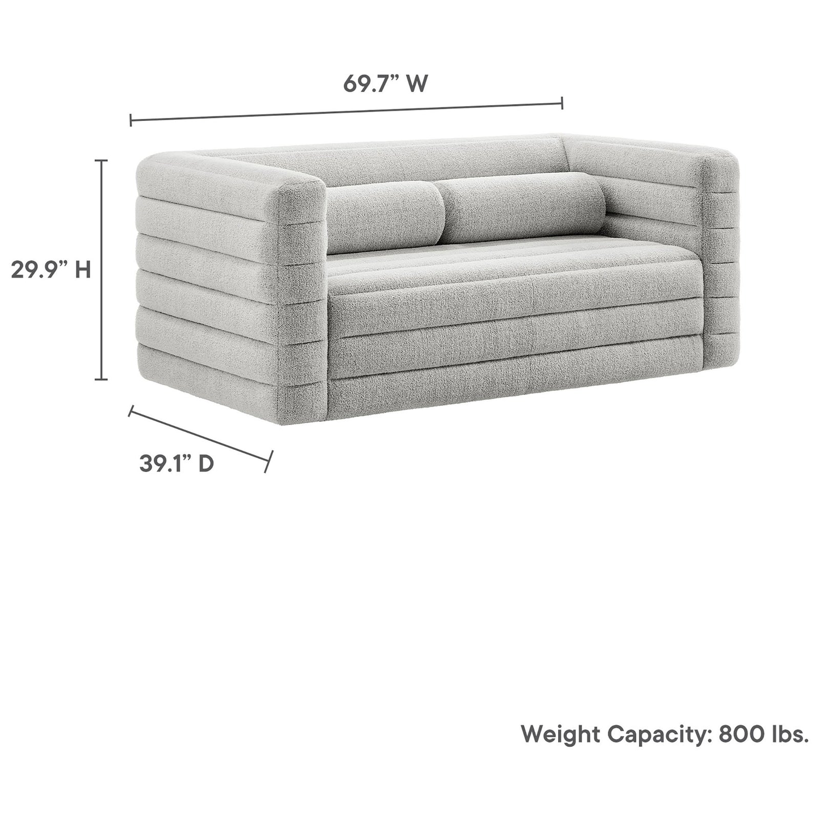 Dimension graphic for the Relle loveseat showing 69.7 inch width, 39.1 inch depth, and 29.9 inch height. || EEI-7137-NPT || dimension_studio