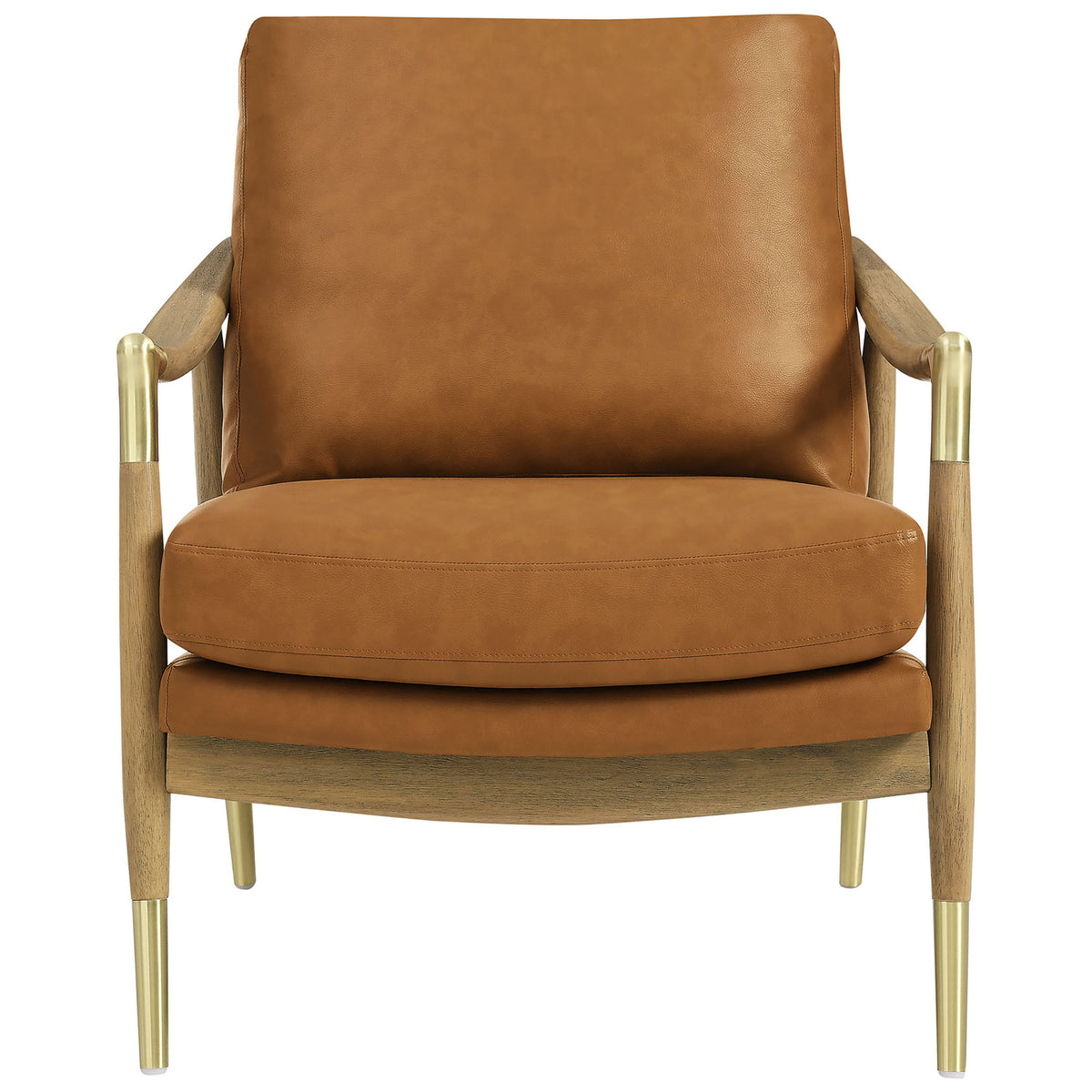 Plush tan vegan leather chair with curved wood frame and brass-capped legs for a refined mid-century touch || EEI-7138-TAN-WAL || front_studio