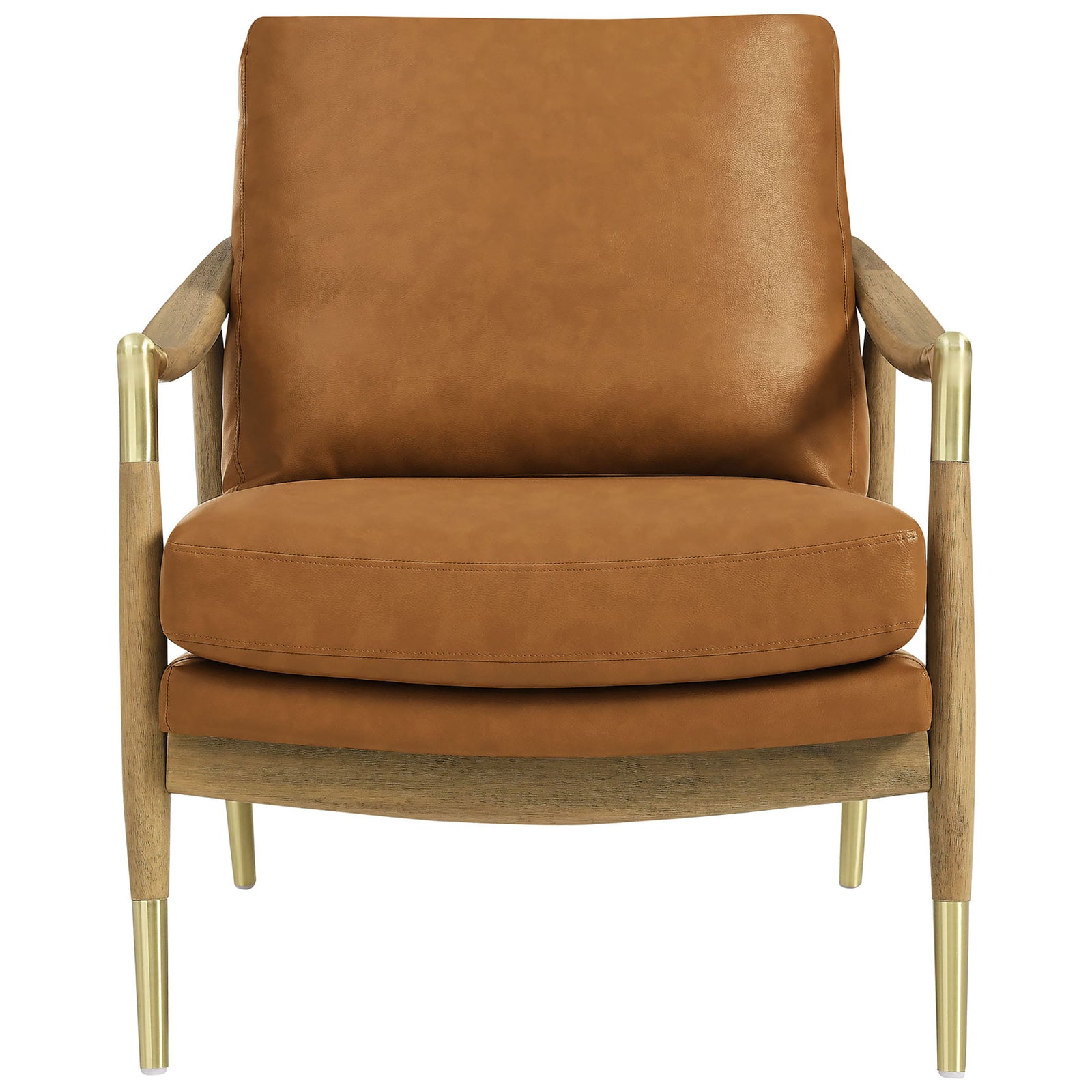 Plush tan vegan leather chair with curved wood frame and brass-capped legs for a refined mid-century touch || EEI-7138-TAN-WAL || front_studio