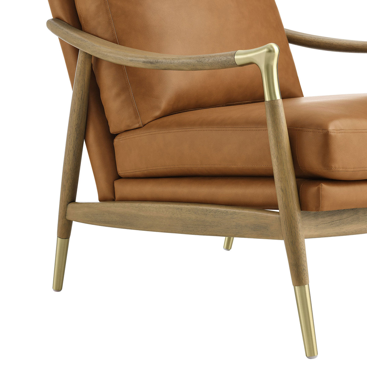 Brass-finished accents meet smooth tan upholstery and rounded wood arms for elevated style || EEI-7138-TAN-WAL || detail_studio