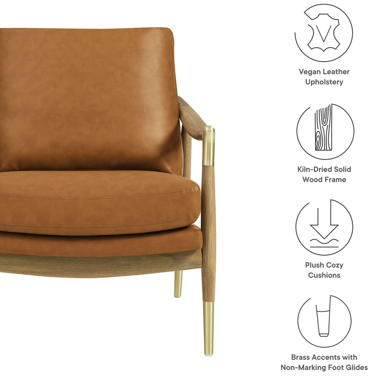 Features include vegan leather, kiln-dried wood frame, plush cushions, and non-marking glides || EEI-7138-TAN-WAL || callout_studio