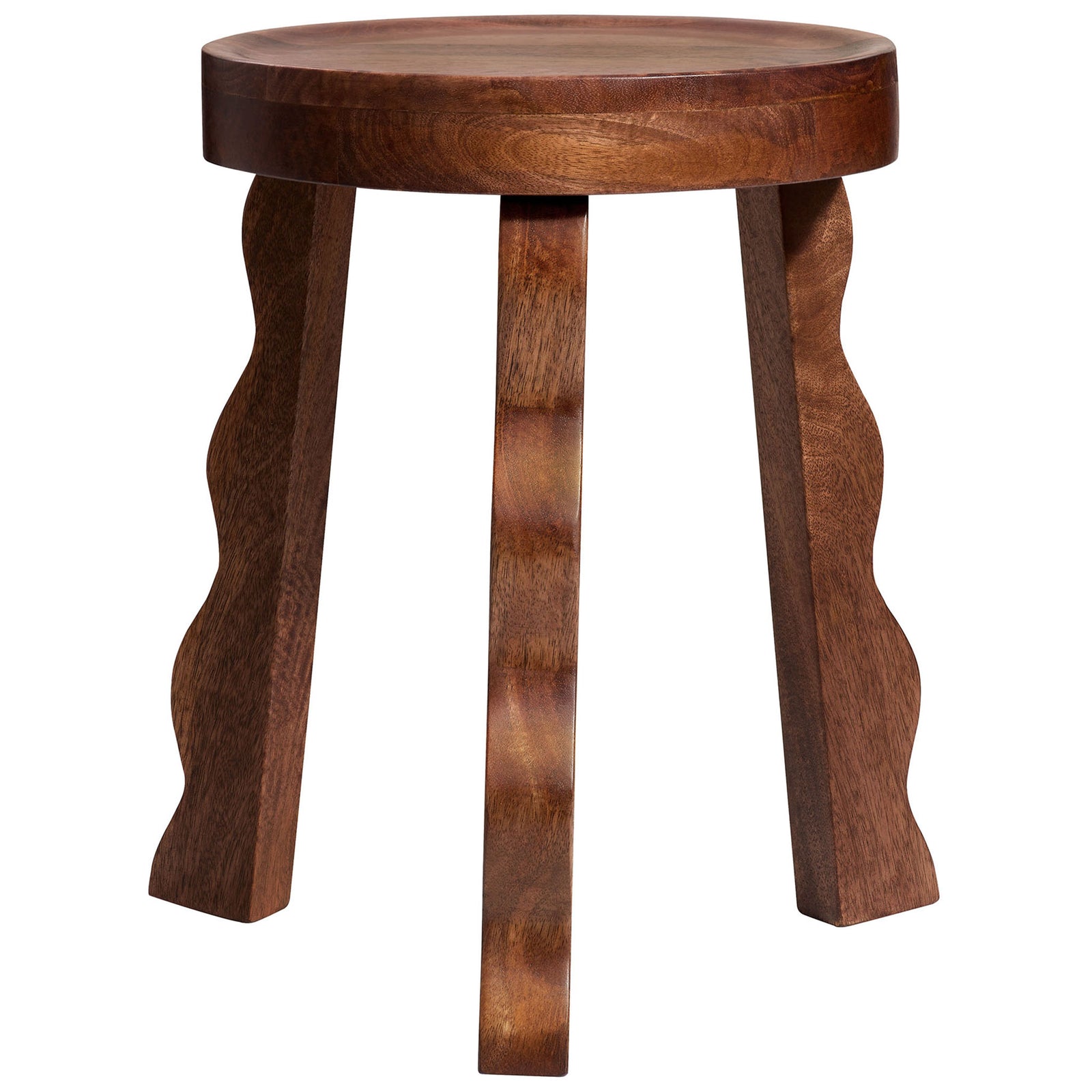 Carved mango wood stool with wavy legs and a round lip-edge seat || EEI-7140-WAL || front_studio