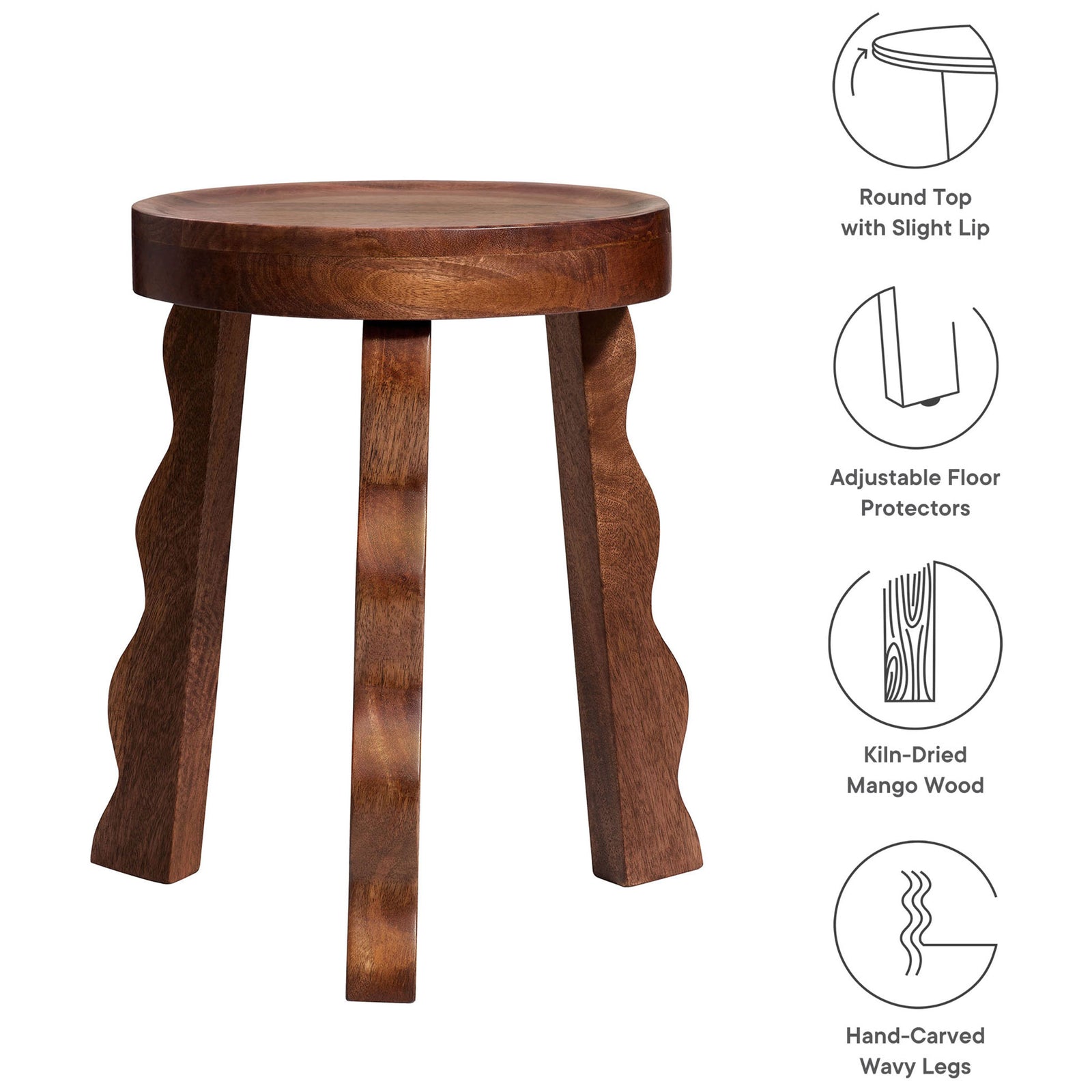 Feature icons highlighting the round lip seat, carved legs, and adjustable floor glides || EEI-7140-WAL || callout_studio