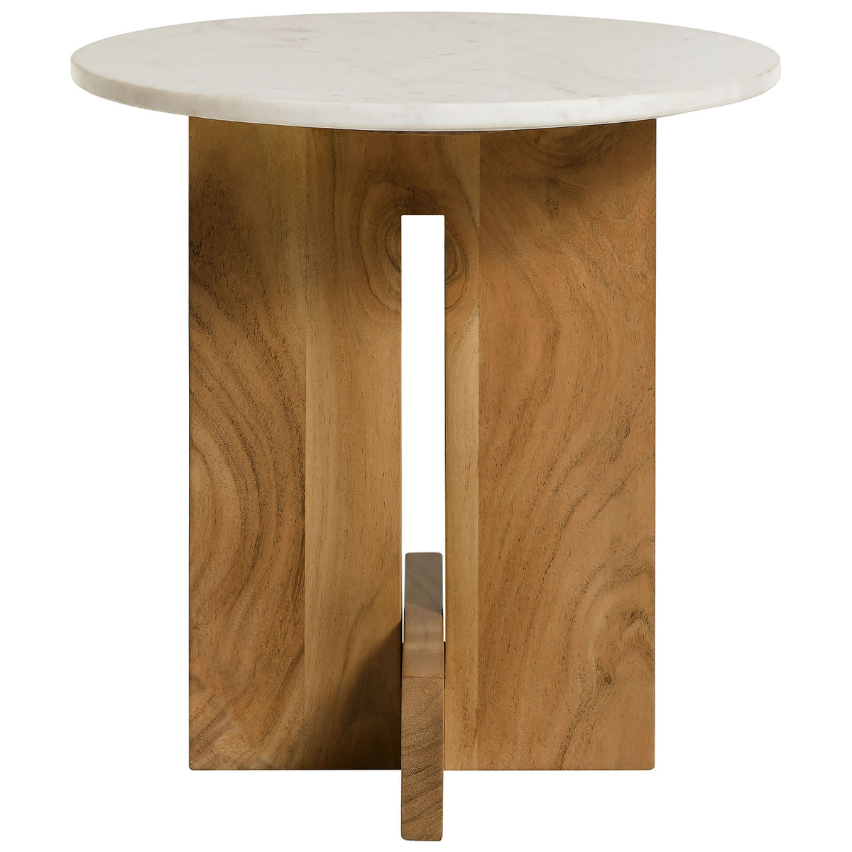 Round marble side table with natural acacia wood base and modern cross-leg silhouette || EEI-7141-NAT || front_studio
