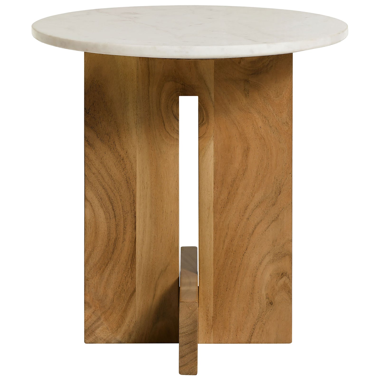 Round marble side table with natural acacia wood base and modern cross-leg silhouette || EEI-7141-NAT || front_studio