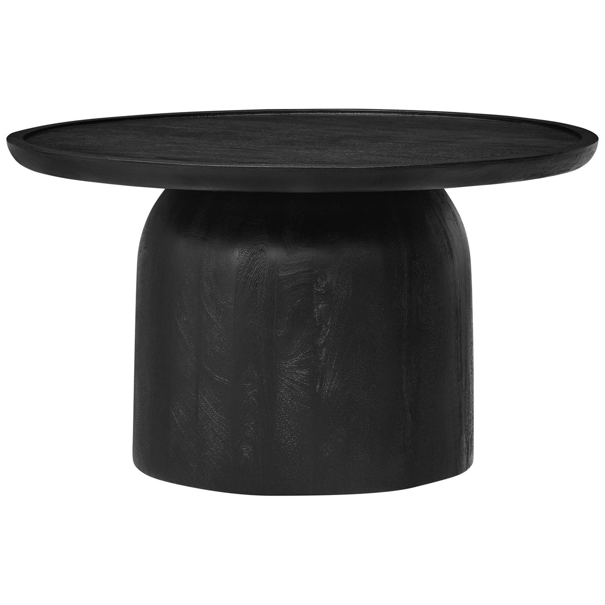 Black mango wood coffee table with a rounded drum base and a sleek 30-inch round top || EEI-7144-BLK || front_studio