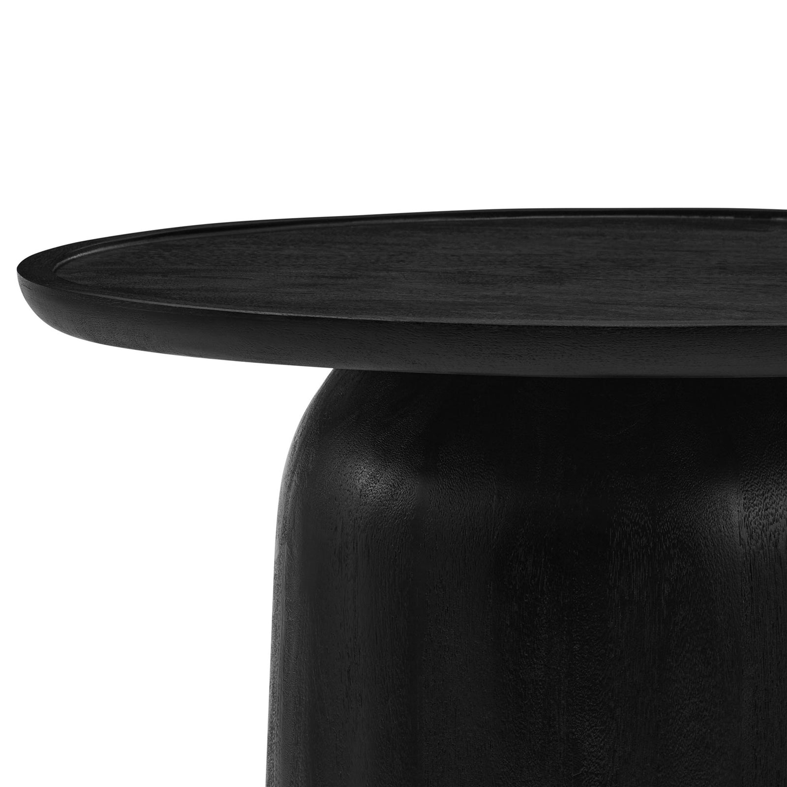Rich wood grain tabletop in black mango wood with a softly rounded edge and sculpted drum base || EEI-7144-BLK || detail_studio