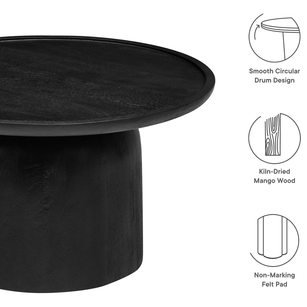 Round black mango wood coffee table highlighting smooth drum design, kiln-dried build, and felt pads || EEI-7144-BLK || callout_studio