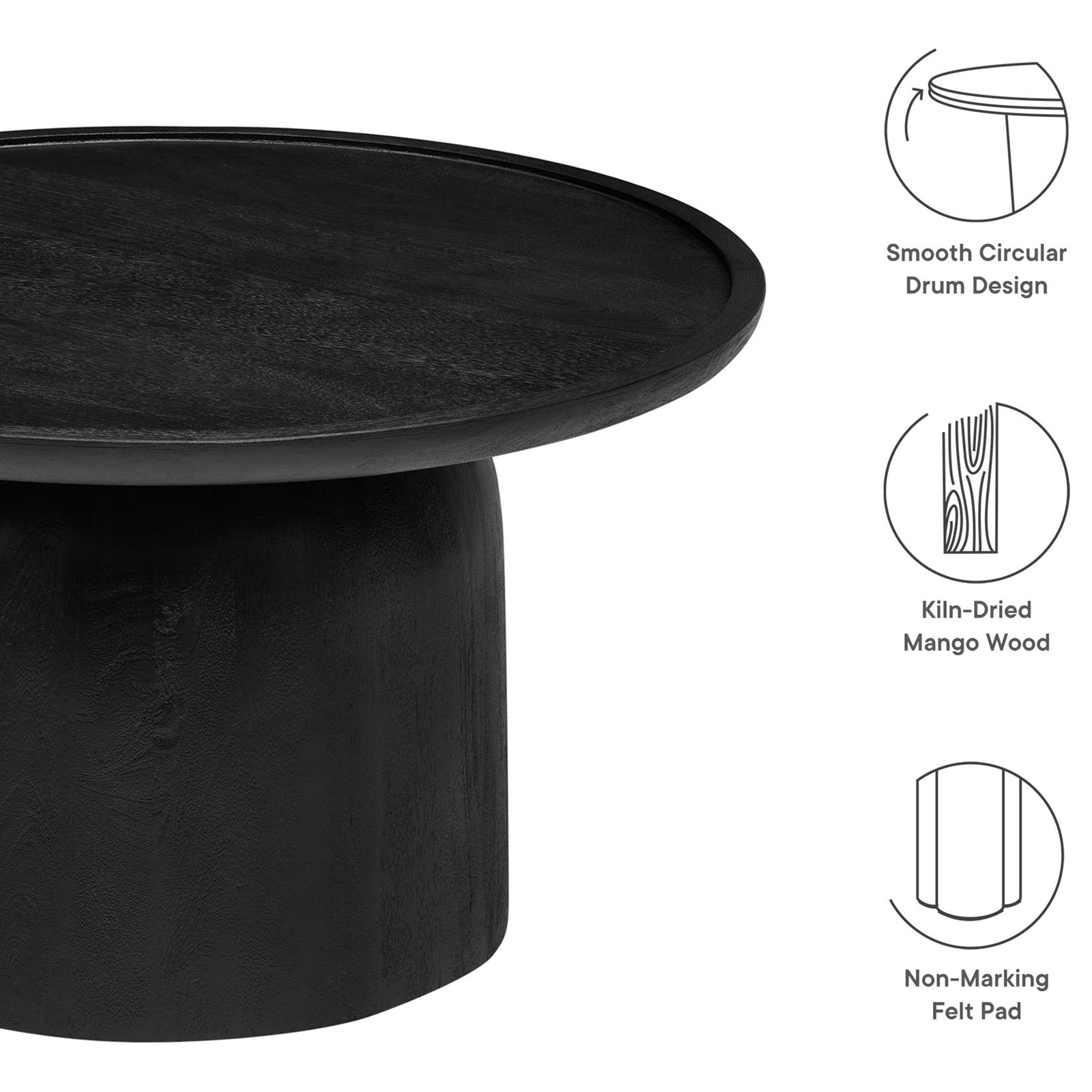 Round black mango wood coffee table highlighting smooth drum design, kiln-dried build, and felt pads || EEI-7144-BLK || callout_studio