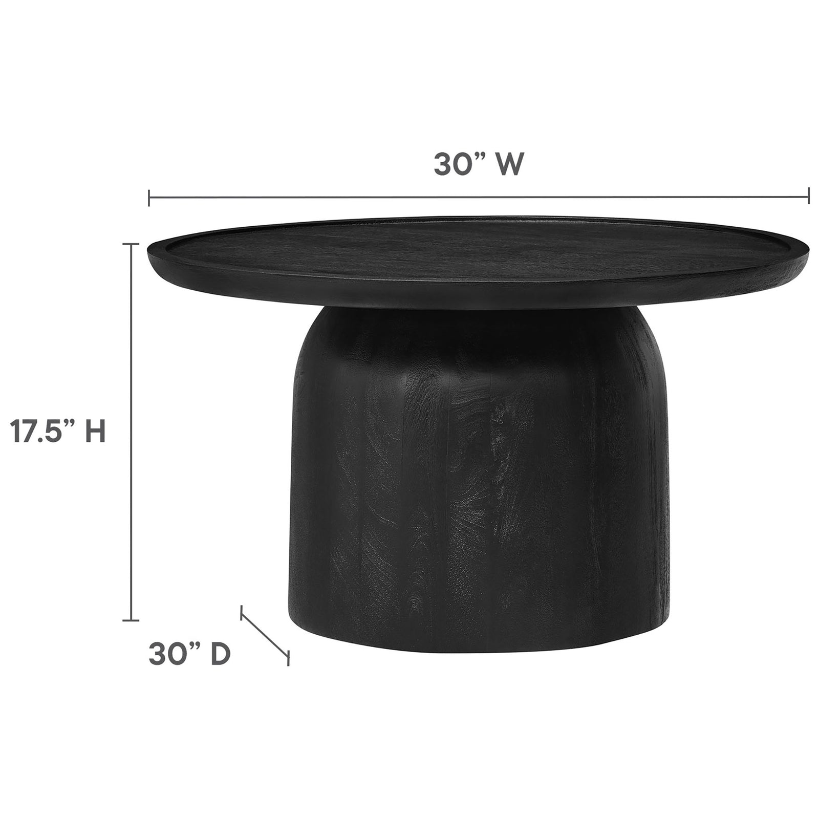 30-inch round black mango wood coffee table standing 17.5 inches high with a sculpted drum base || EEI-7144-BLK || dimension_studio