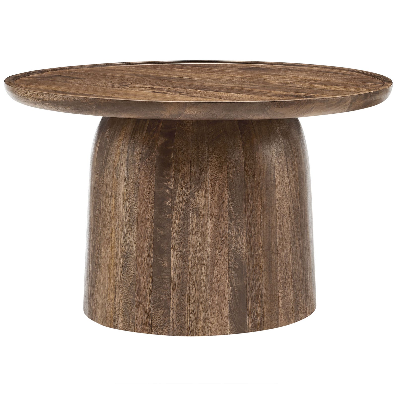 Walnut-finish mango wood coffee table with a rounded drum base and a tray-style rimmed top || EEI-7144-WAL || front_angle_studio