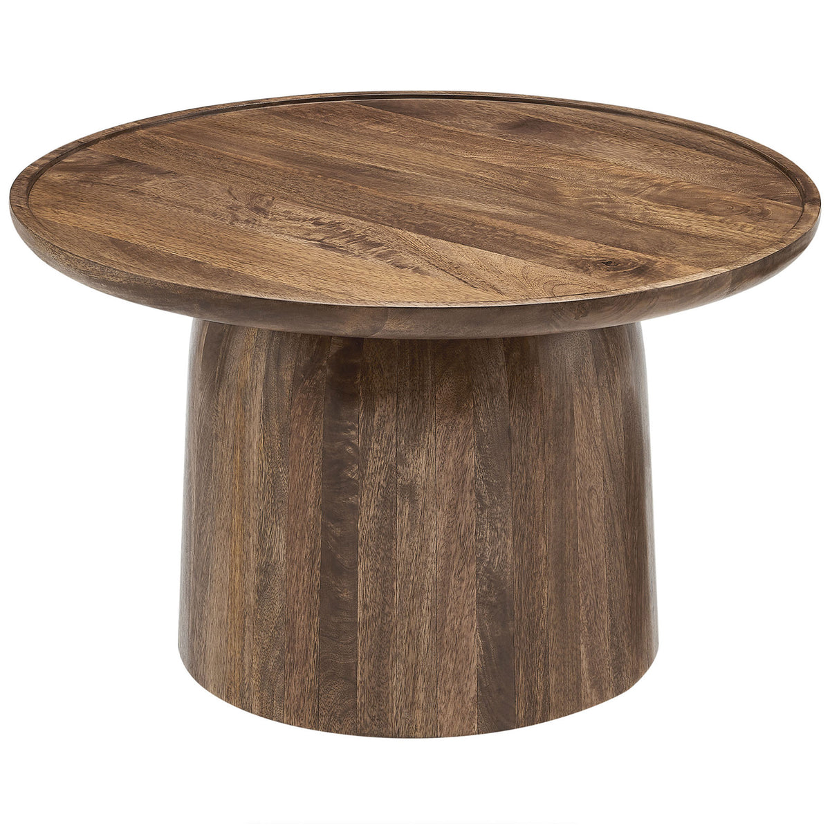 Smooth circular tabletop with rich wood grain and a subtle raised edge on a sculptural pedestal base || EEI-7144-WAL || front_angle_studio