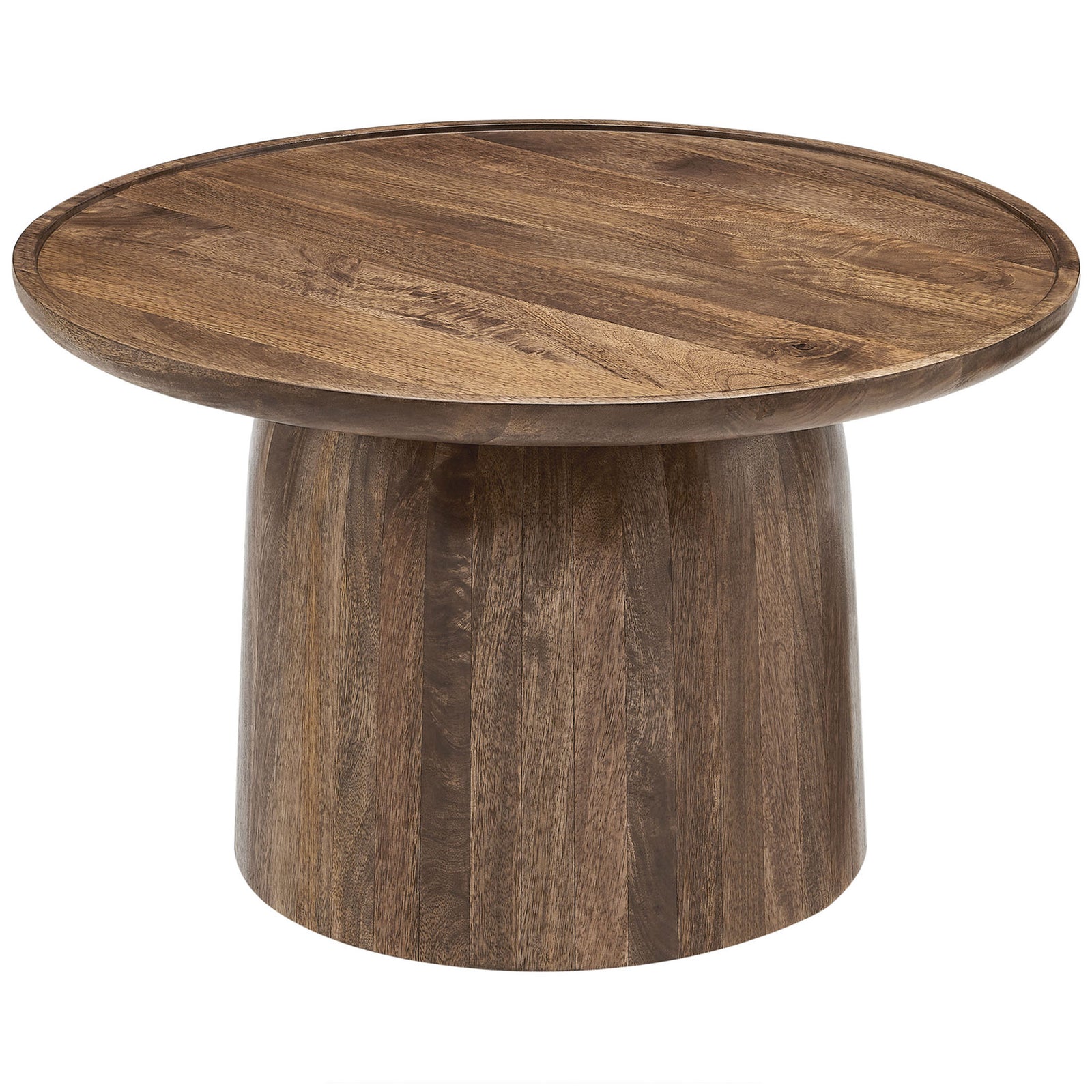 Smooth circular tabletop with rich wood grain and a subtle raised edge on a sculptural pedestal base || EEI-7144-WAL || front_angle_studio