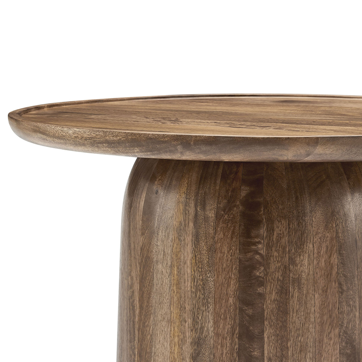 Detail of the rimmed tabletop highlighting the mango wood grain and smooth, refined finish || EEI-7144-WAL || detail_studio