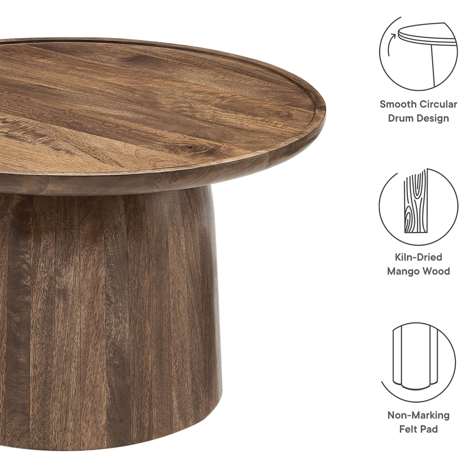 Feature highlights of the round mango wood coffee table showing its drum design and quality materials || EEI-7144-WAL || callout_studio