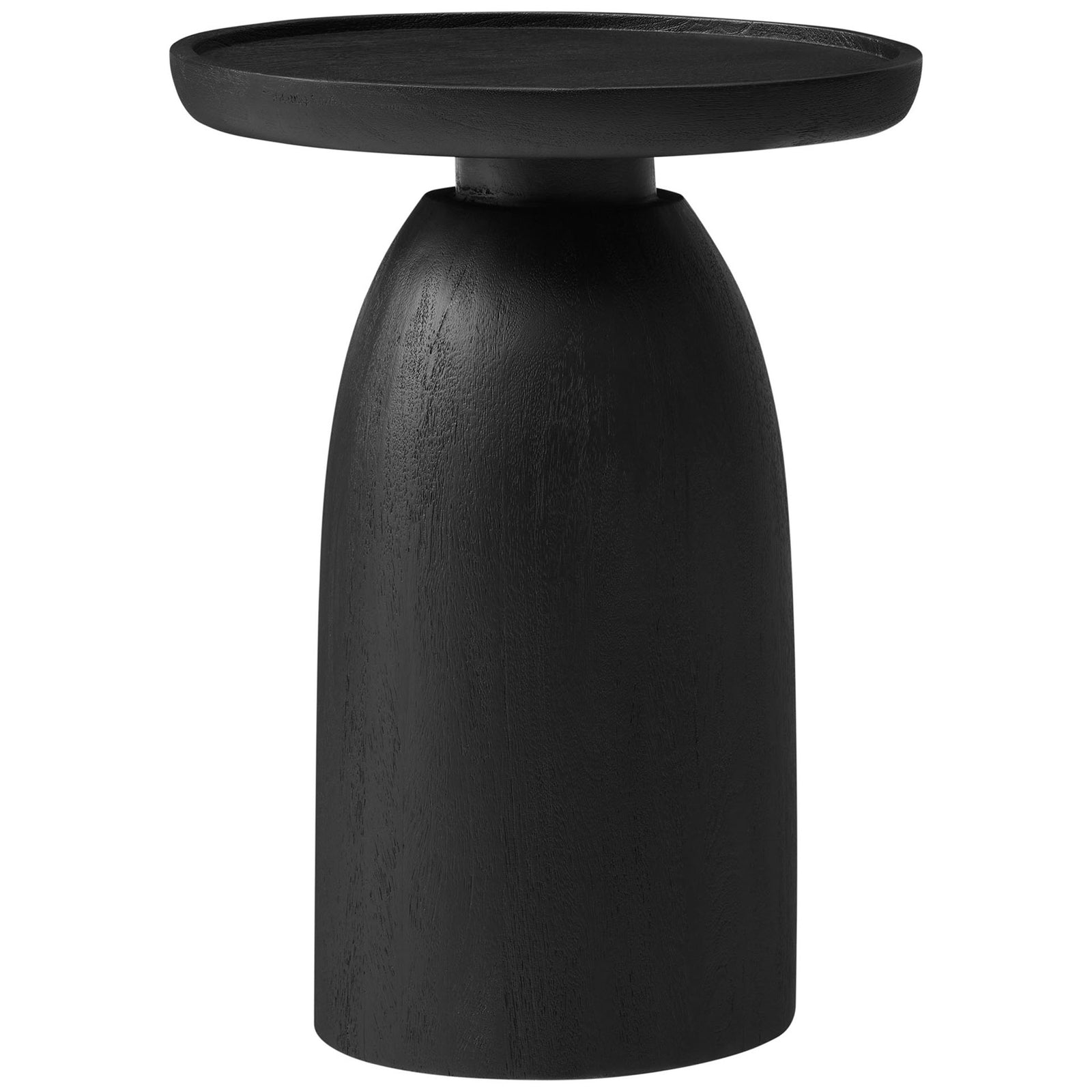 Black mango wood side table with sculptural drum base and round tray-style top. || EEI-7145-BLK || front_studio