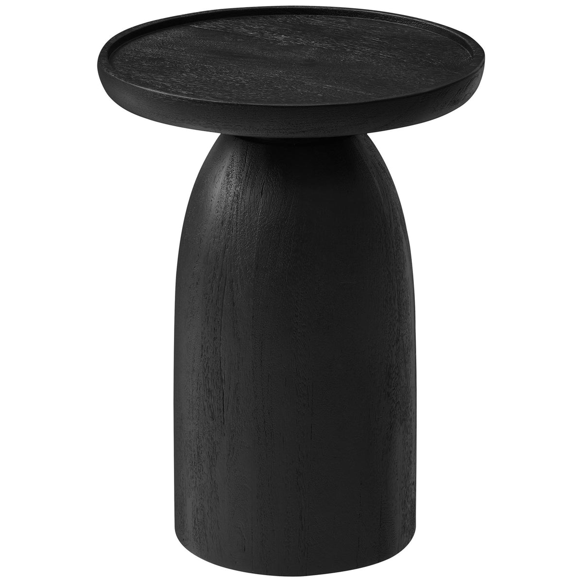 Black pedestal end table in mango wood emphasizing the slender column and generous round top. || EEI-7145-BLK || front_angle_studio