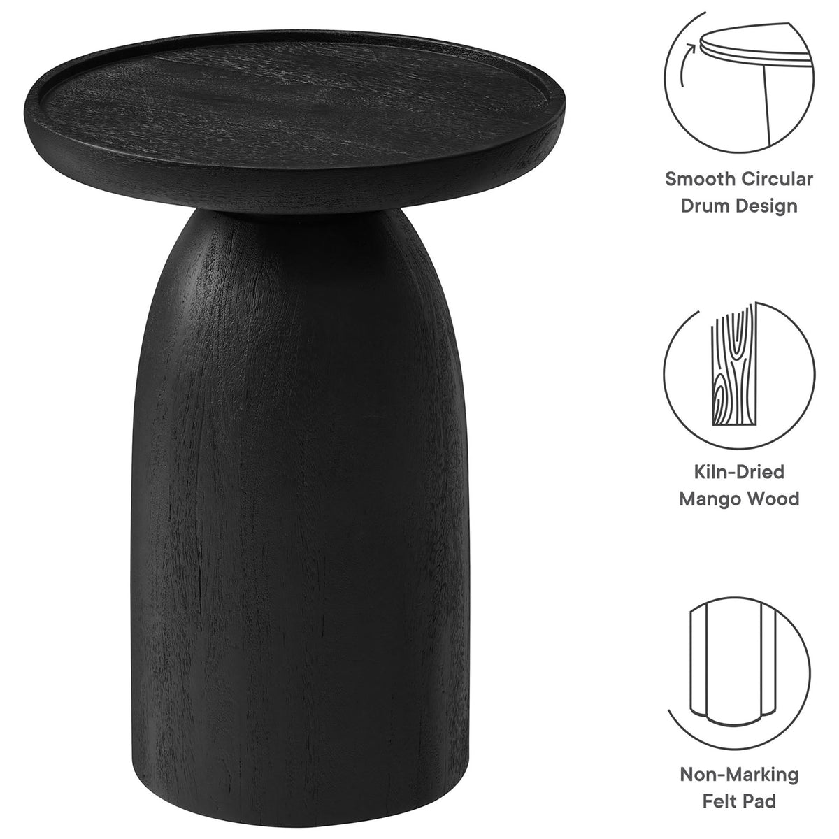 Black mango wood side table with icons highlighting its drum silhouette, kiln-dried build, and felt pad. || EEI-7145-BLK || callout_studio