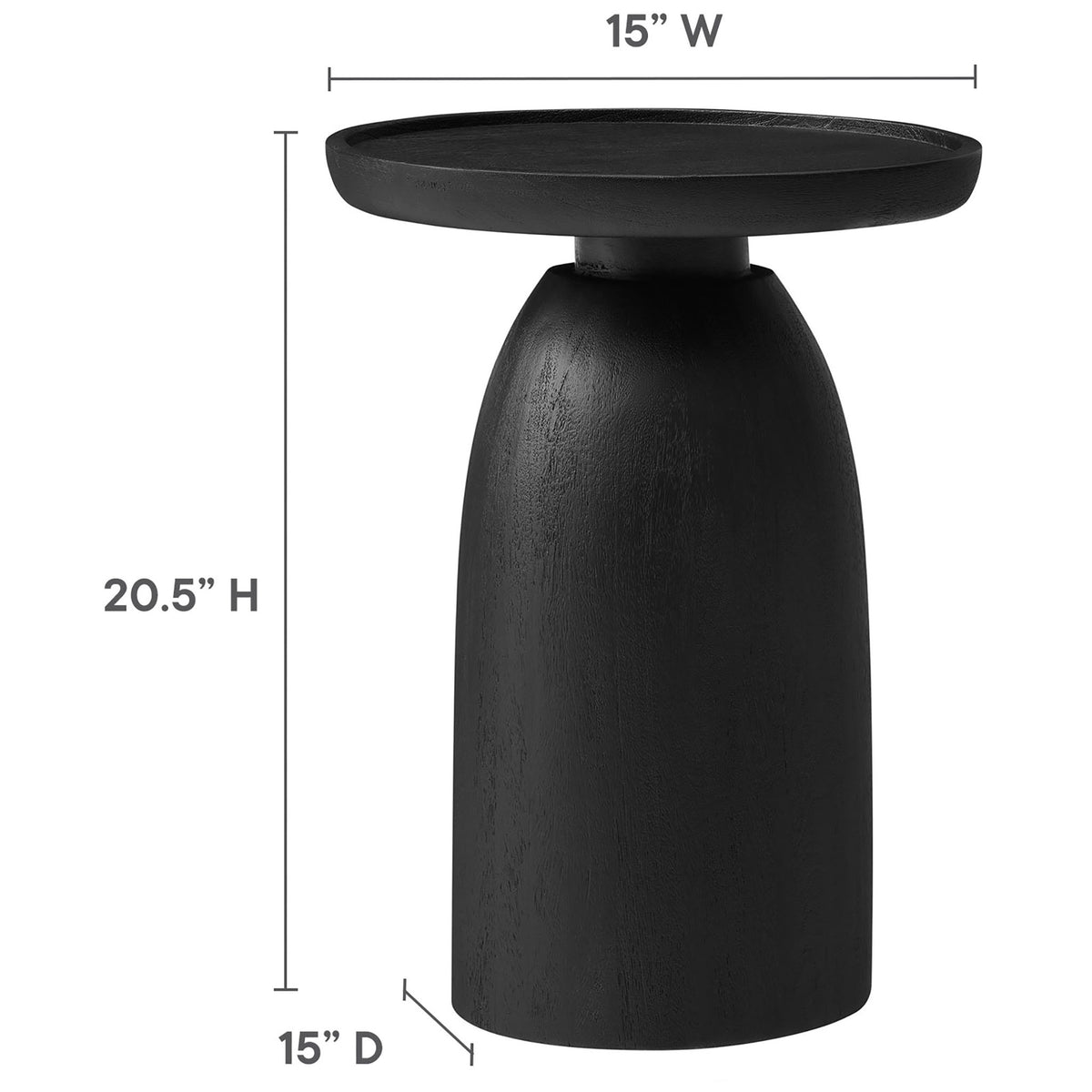 Black mango wood side table shown with labeled width, depth, and height dimensions for reference. || EEI-7145-BLK || dimension_studio