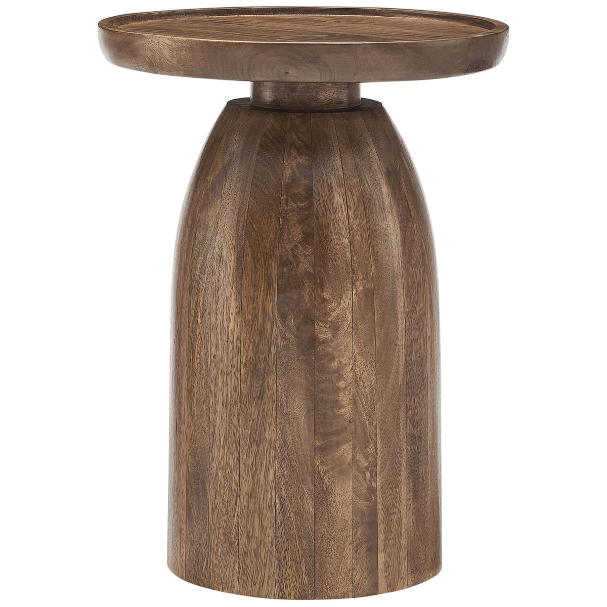 Round walnut mango wood side table with sculpted drum pedestal base || EEI-7145-WAL || front_studio