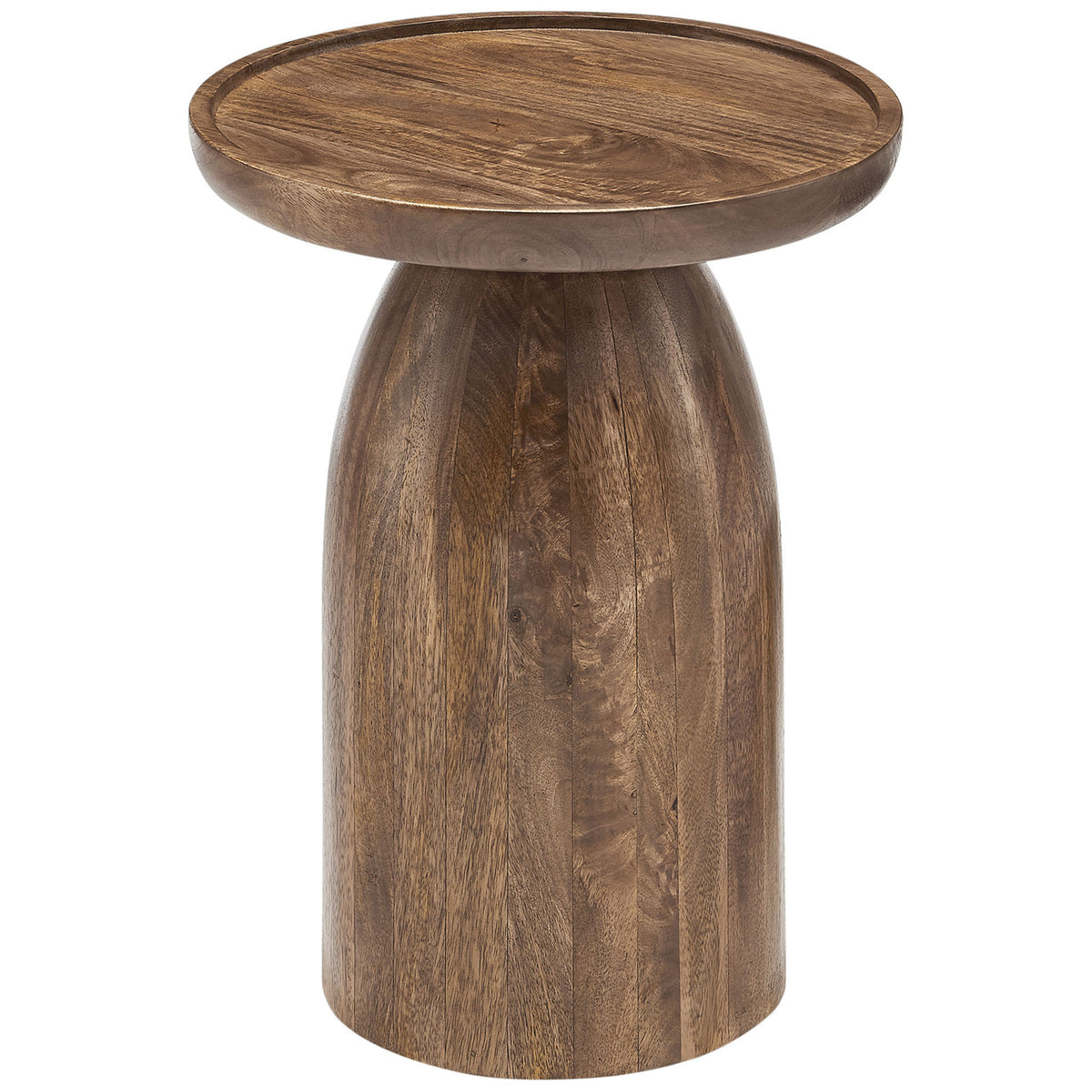 Walnut side table with raised round tray top and smooth tapered drum base || EEI-7145-WAL || front_angle_studio