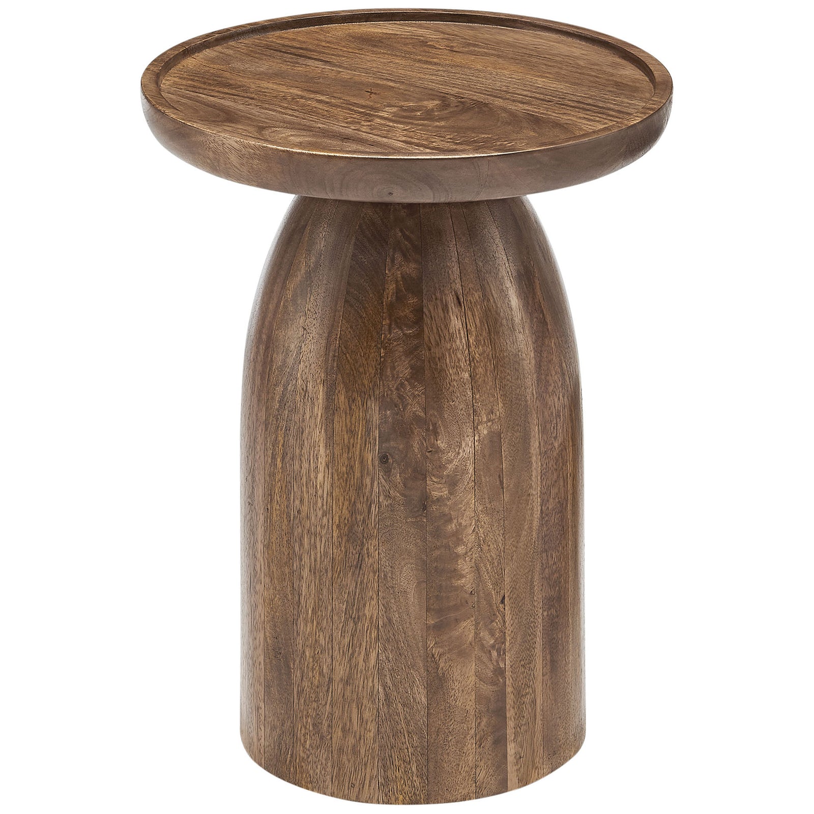 Walnut side table with raised round tray top and smooth tapered drum base || EEI-7145-WAL || front_angle_studio