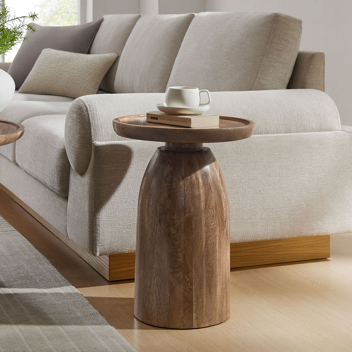 Round walnut mango wood side table next to a modern sofa in a cozy living room || EEI-7145-WAL || front_angle_room