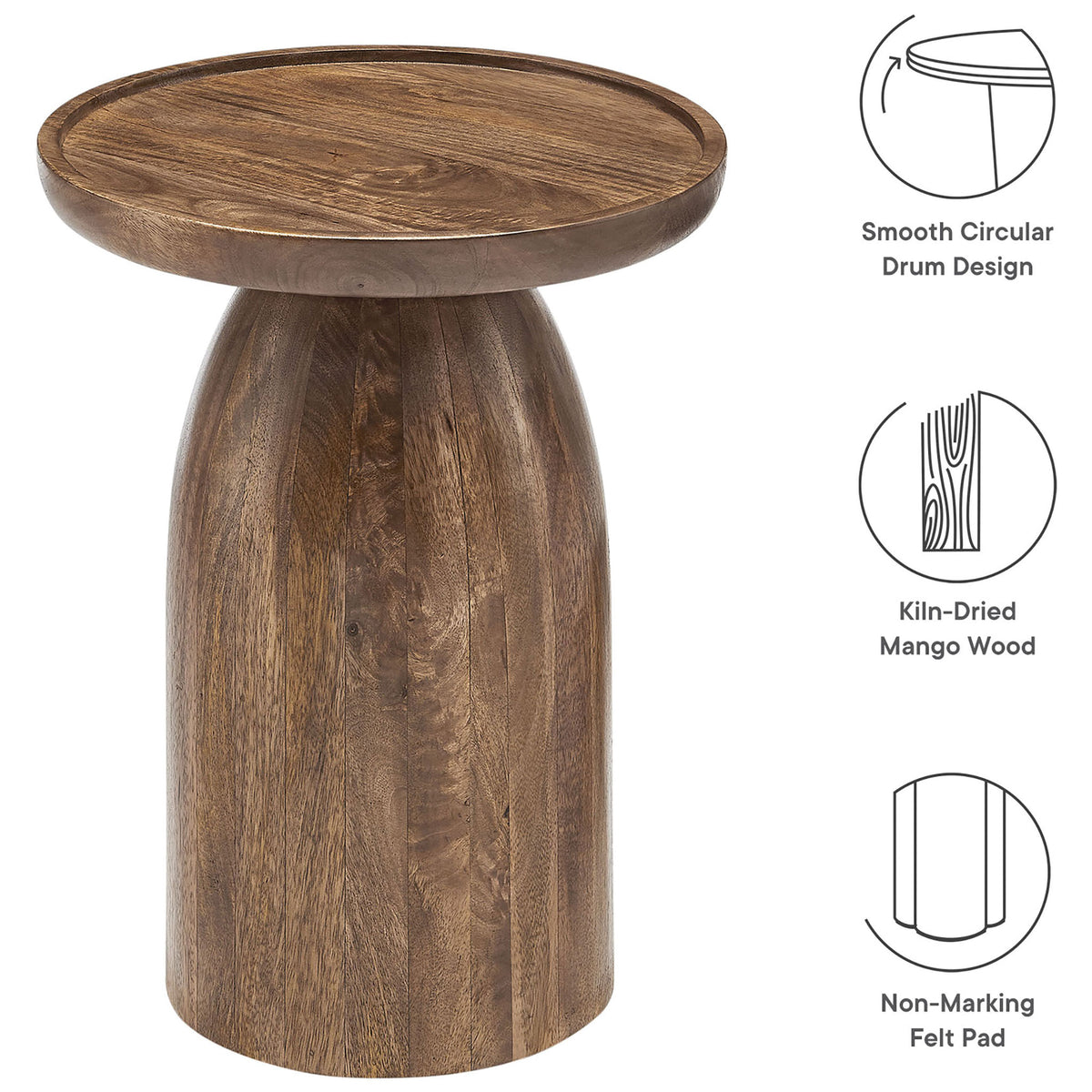 Walnut mango wood side table with circular drum base and icons for featured benefits || EEI-7145-WAL || callout_studio