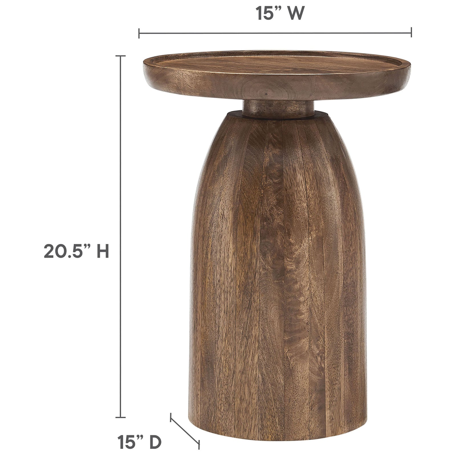 Walnut round side table with labeled dimensions 15 inches wide, 15 inches deep, 20.5 inches high || EEI-7145-WAL || dimension_studio
