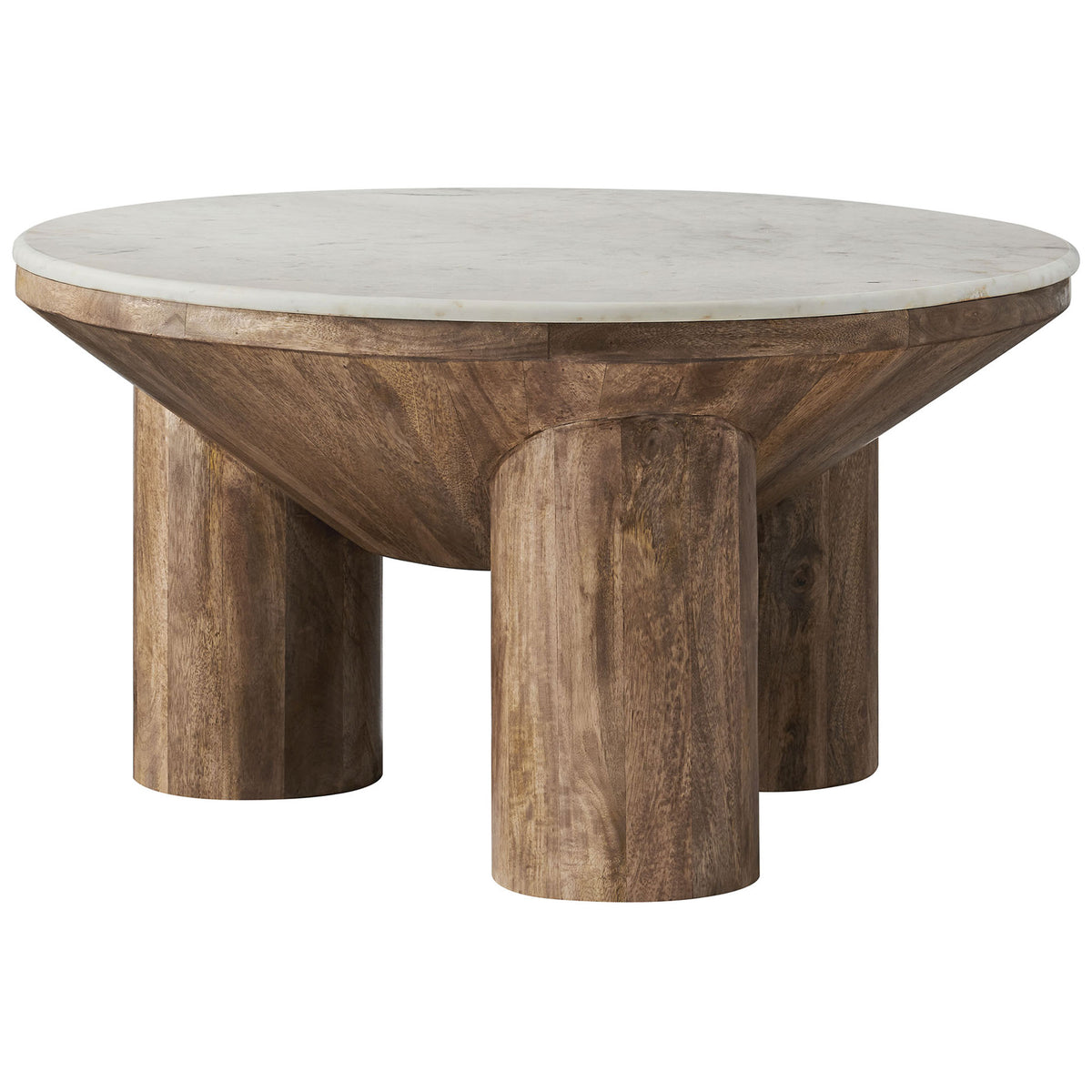 Sculptural mango wood base and genuine marble top bring modern warmth to this round coffee table. || EEI-7146-WAL || front_angle_studio