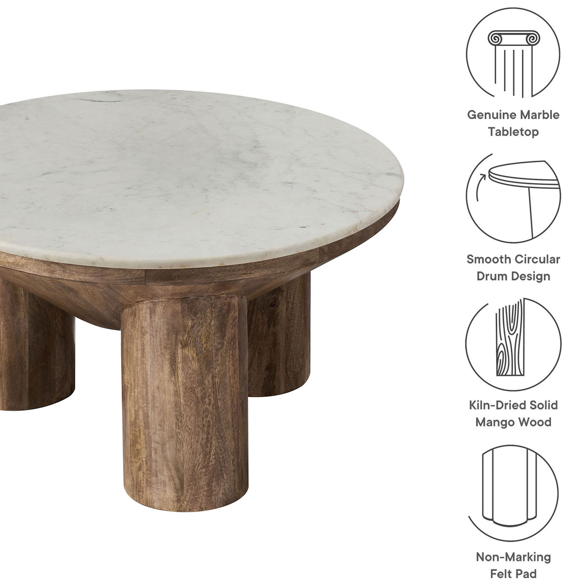 Genuine marble tabletop and kiln-dried mango wood base feature non-marking felt pads. || EEI-7146-WAL || callout_studio