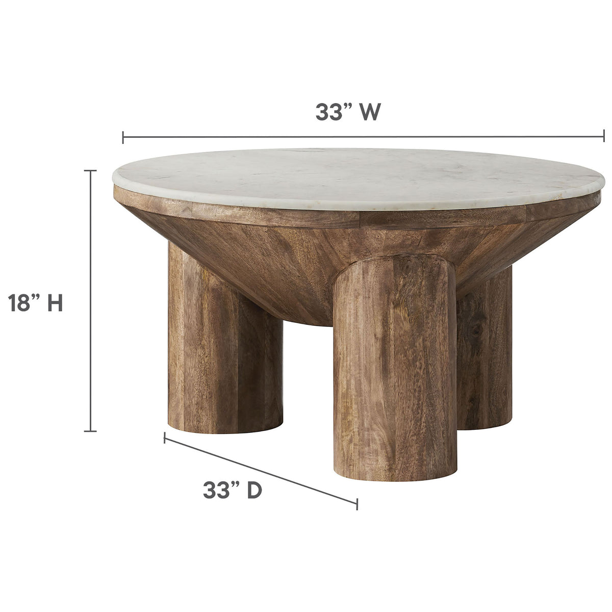 33-inch round profile stands 18 inches high with a substantial marble top and sturdy wood base. || EEI-7146-WAL || dimension_studio
