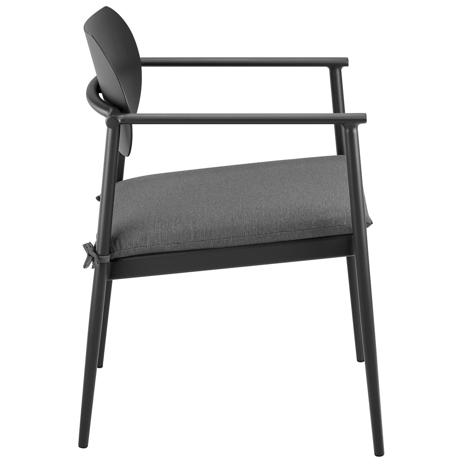 Slim profile side view of charcoal aluminum patio armchair with supportive foam seat cushion || EEI-7148-CHA-CHA || side_studio