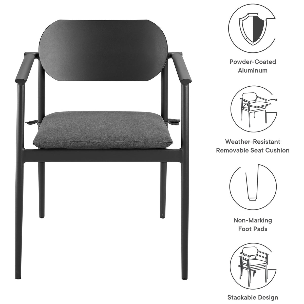Feature overview of charcoal patio armchair with powder coated frame, cushion, foot pads, and stackable design || EEI-7148-CHA-CHA || callout_studio