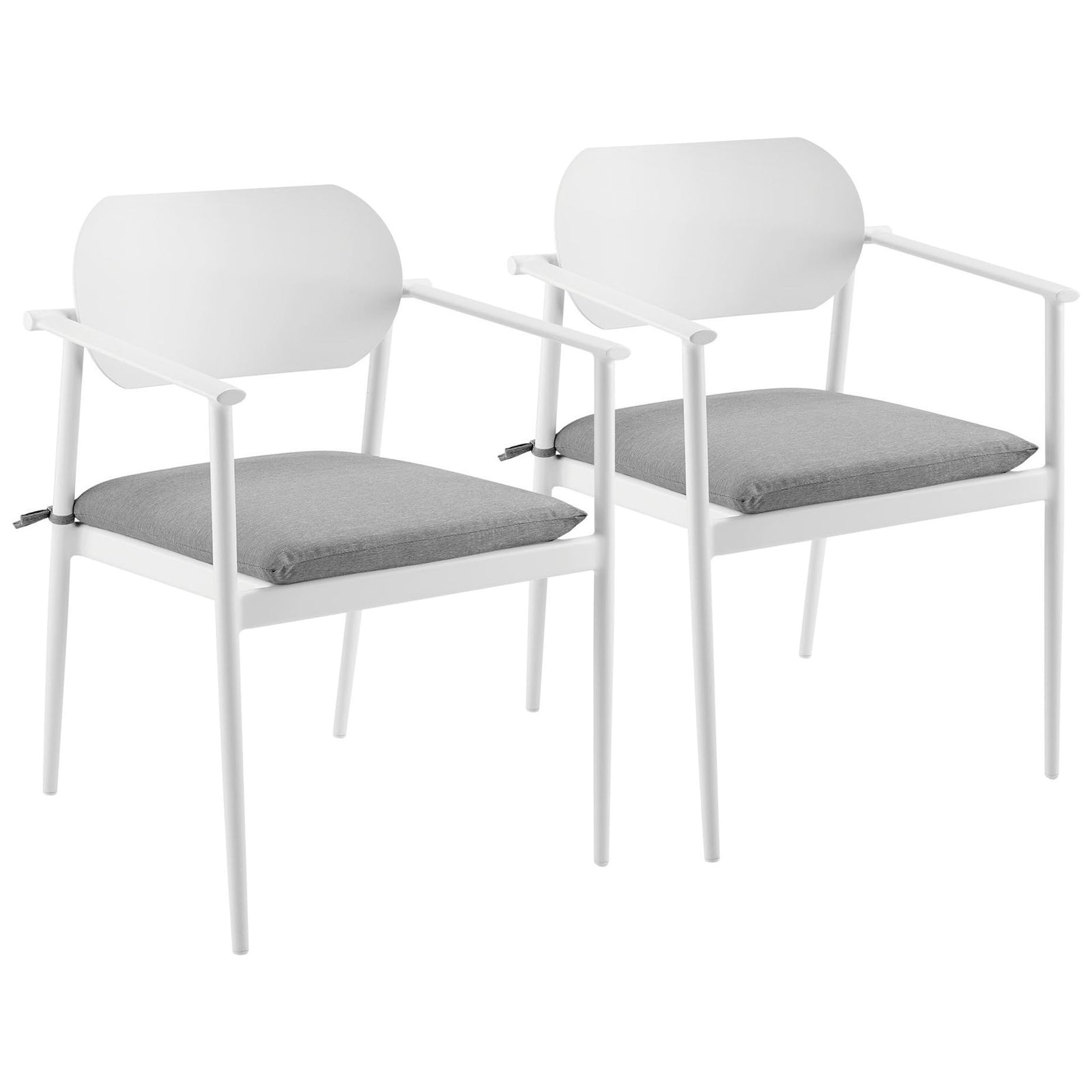 Set of two white aluminum patio armchairs with light gray cushions for a fresh, modern outdoor dining look || EEI-7148-WHI-LGR || front_angle_multi_studio