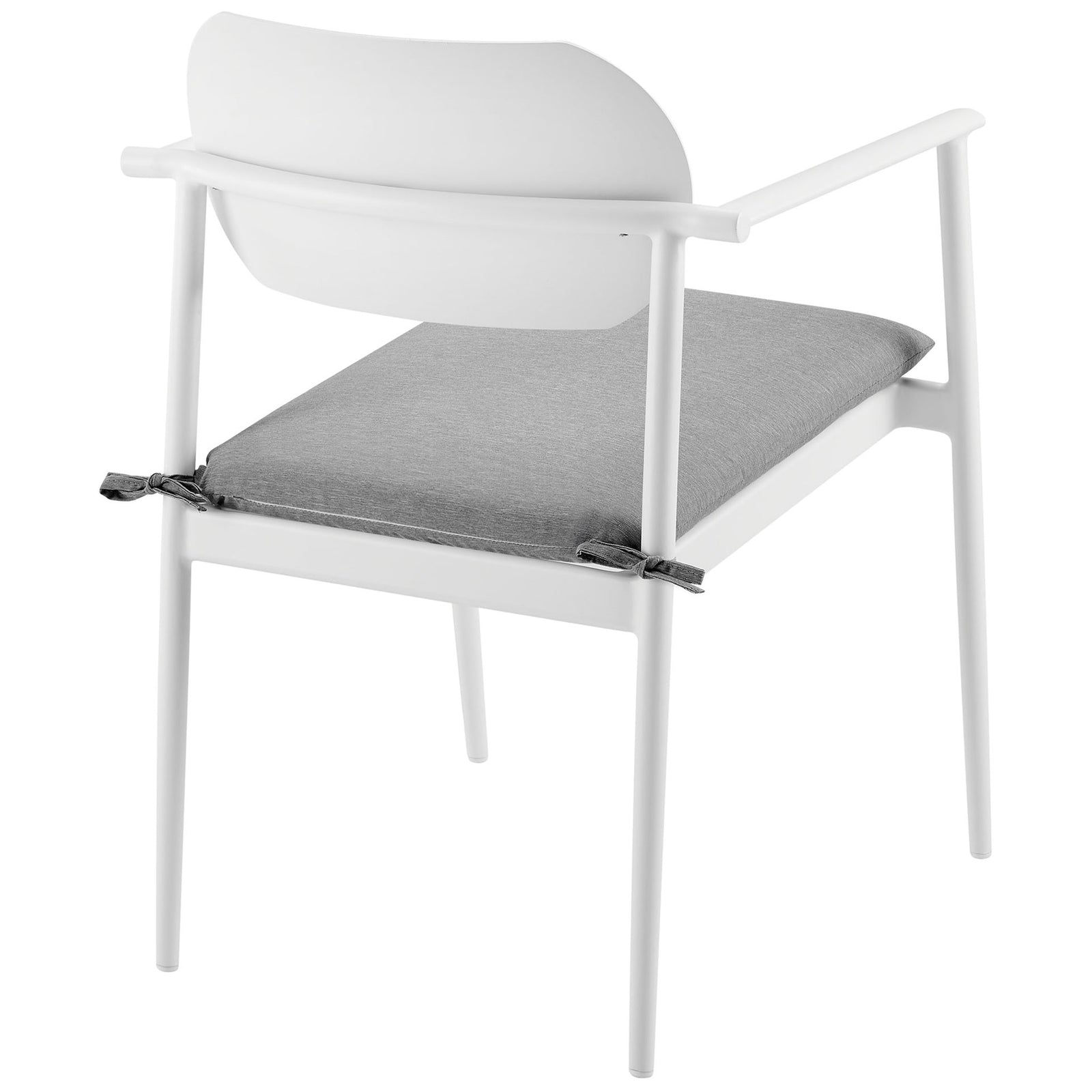 Rear view of white patio armchair highlighting curved backrest and neatly tied light gray seat cushion || EEI-7148-WHI-LGR || back_angle_studio