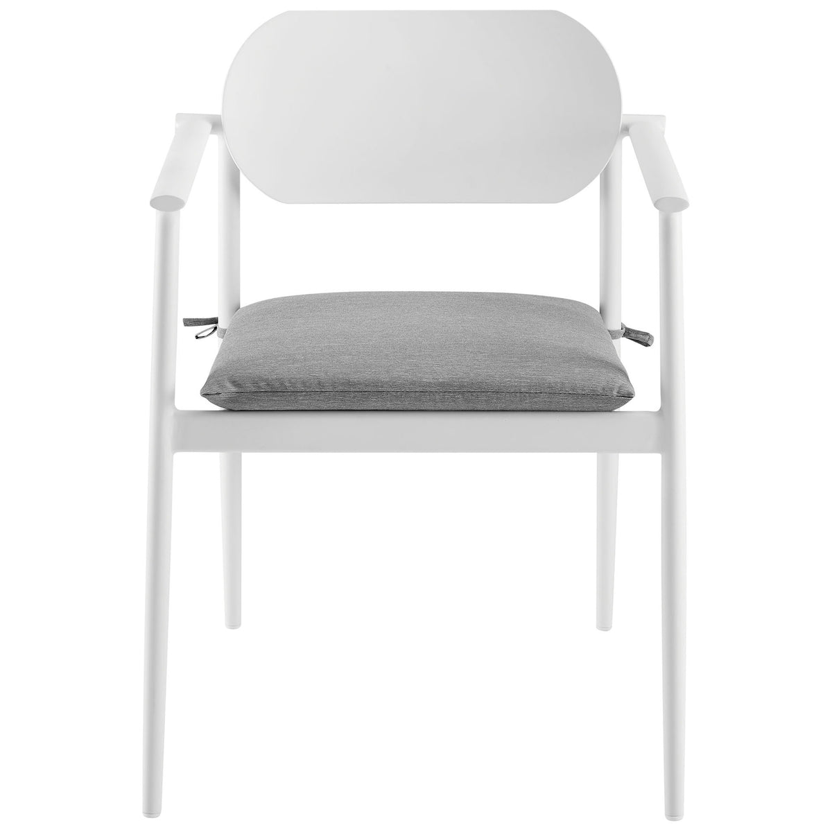 White aluminum patio dining armchair with oblong backrest and light gray cushioned seat || EEI-7148-WHI-LGR || front_studio